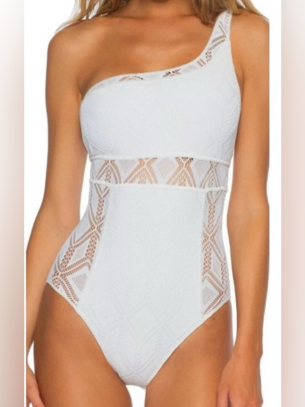 BECCA ONE SHOULDER LACE CROCHET ONE PIECE SWIMSUIT WHITE SIZE L